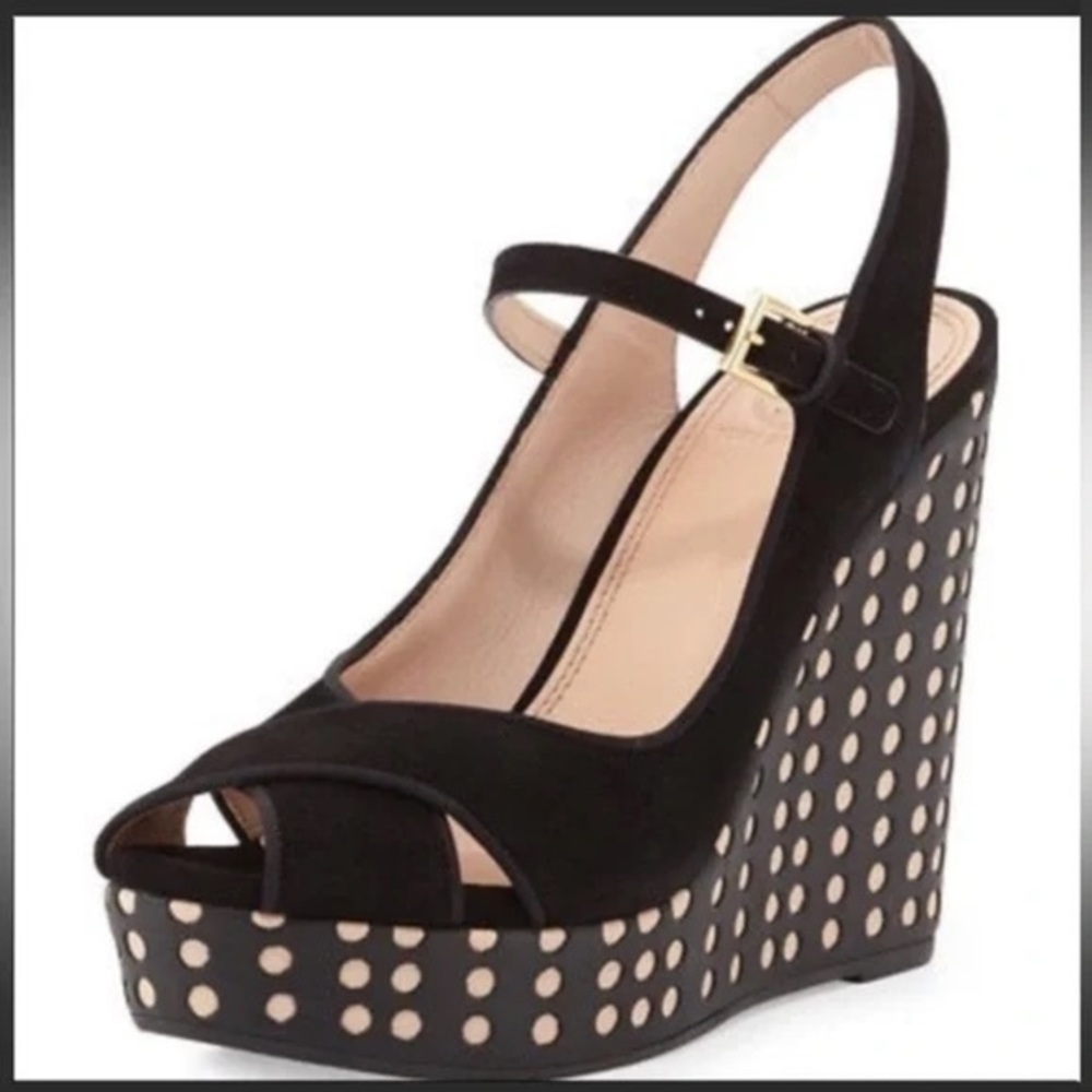Black Peep-Toe Studded Wedge Sandals - Women's